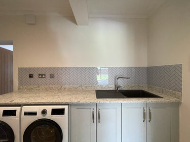Herringbone Grey Printed Glass Splashback - Bespoke - CreoGlass®