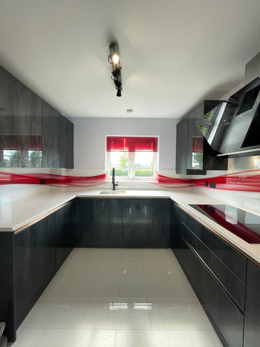 Fiery Red Printed Wave Glass Splashback – Bespoke - CreoGlass®