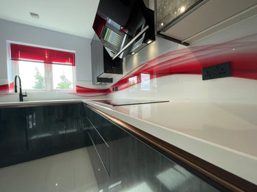 Fiery Red Printed Wave Glass Splashback – Bespoke - CreoGlass®