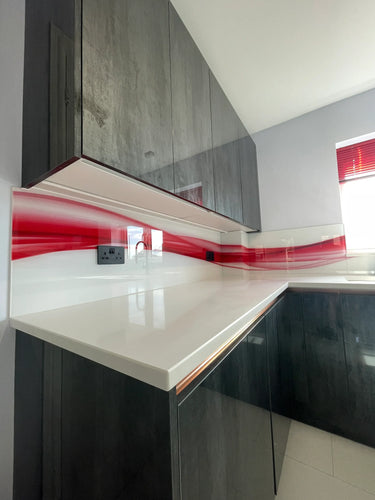 Fiery Red Printed Wave Glass Splashback – Bespoke - CreoGlass®