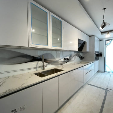 Black & Grey Printed Wave Glass Splashback – Bespoke - CreoGlass®