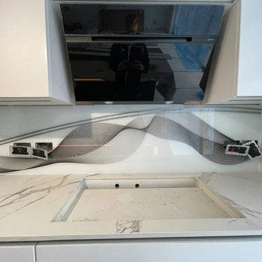 Black & Grey Printed Wave Glass Splashback – Bespoke - CreoGlass®