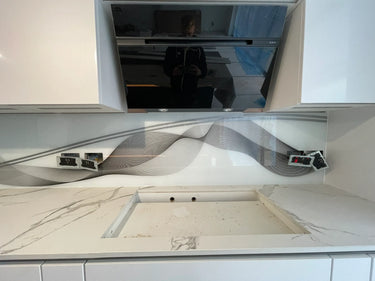 Black & Grey Printed Wave Glass Splashback – Bespoke - CreoGlass®