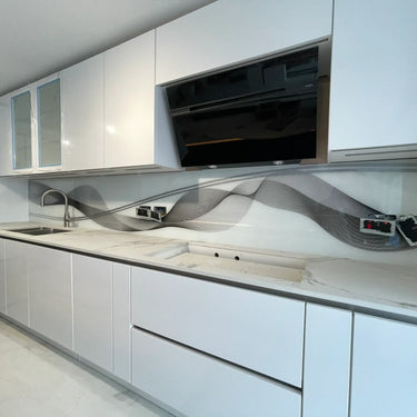 Black & Grey Printed Wave Glass Splashback – Bespoke - CreoGlass®
