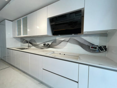 Black & Grey Printed Wave Glass Splashback – Bespoke - CreoGlass®