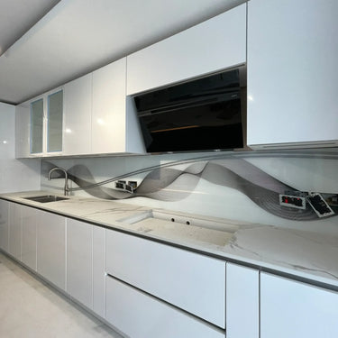 Black & Grey Printed Wave Glass Splashback – Bespoke - CreoGlass®