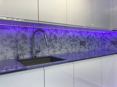 Silver Petal Stencil Glass Splashback – Bespoke - CreoGlass®