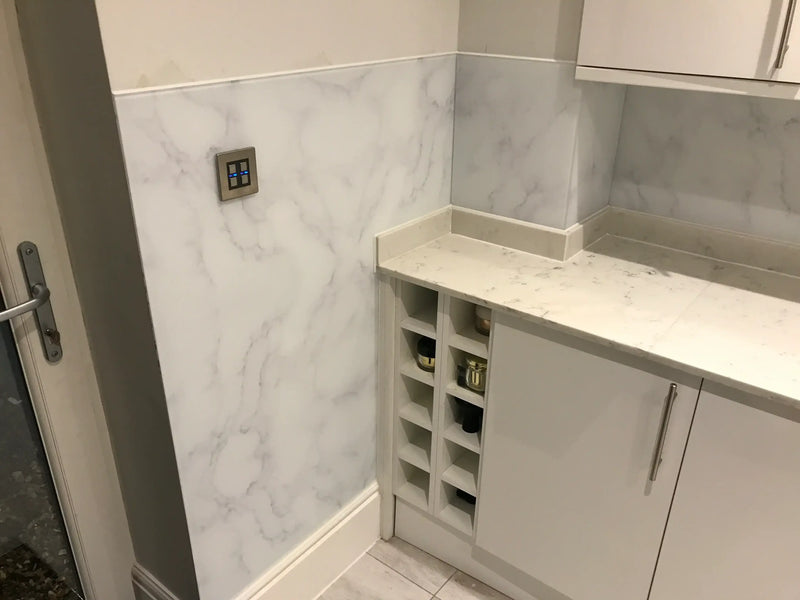 White Marble Printed Glass Splashback – Bespoke - CreoGlass®