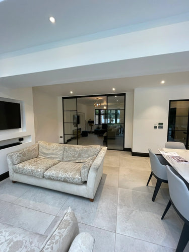 Modern Edge – Double Sliding Glass Door with Two Side Panels – PMF - CreoGlass®