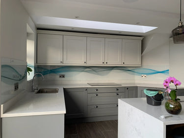 Aqua Printed Wave Glass Splashback - Bespoke - CreoGlass®