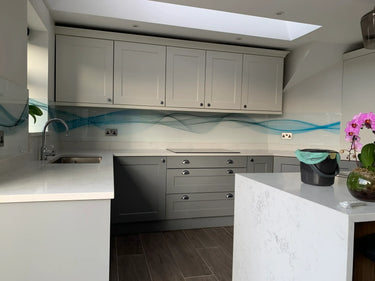 Aqua Printed Wave Glass Splashback - Bespoke - CreoGlass®