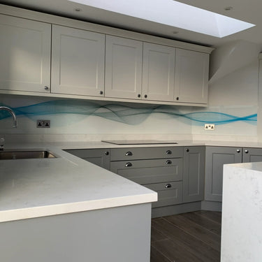 Aqua Printed Wave Glass Splashback - Bespoke - CreoGlass®