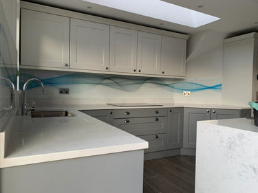 Aqua Printed Wave Glass Splashback - Bespoke - CreoGlass®