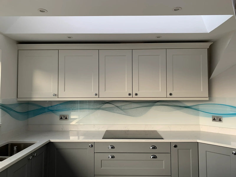 Aqua Printed Wave Glass Splashback - Bespoke - CreoGlass®