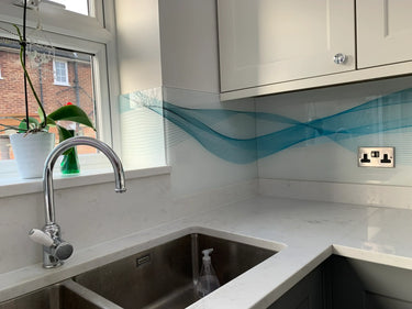 Aqua Printed Wave Glass Splashback - Bespoke - CreoGlass®