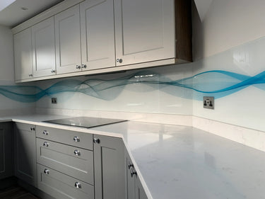 Aqua Printed Wave Glass Splashback - Bespoke - CreoGlass®
