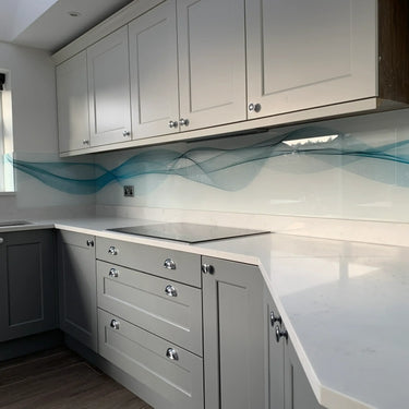 Aqua Printed Wave Glass Splashback - Bespoke - CreoGlass®