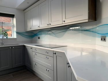 Aqua Printed Wave Glass Splashback - Bespoke - CreoGlass®