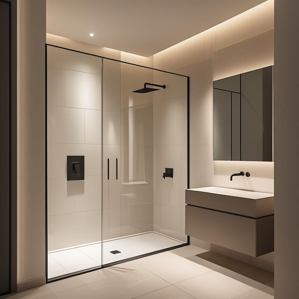 Modern bathroom with glass shower enclosure, sink, and mirror.