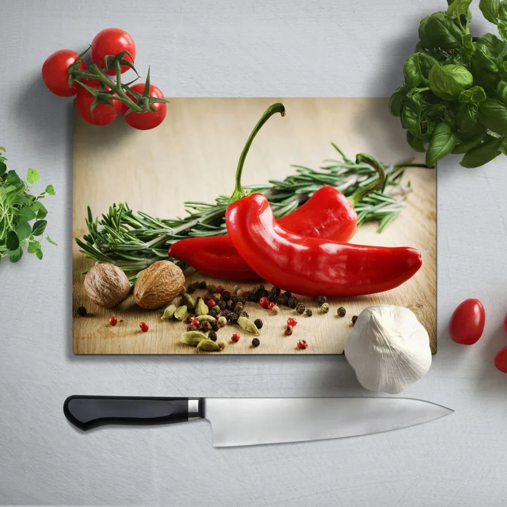 Red Hot Chilli Peppers Glass Chopping Board and Worktop - CreoGlass®