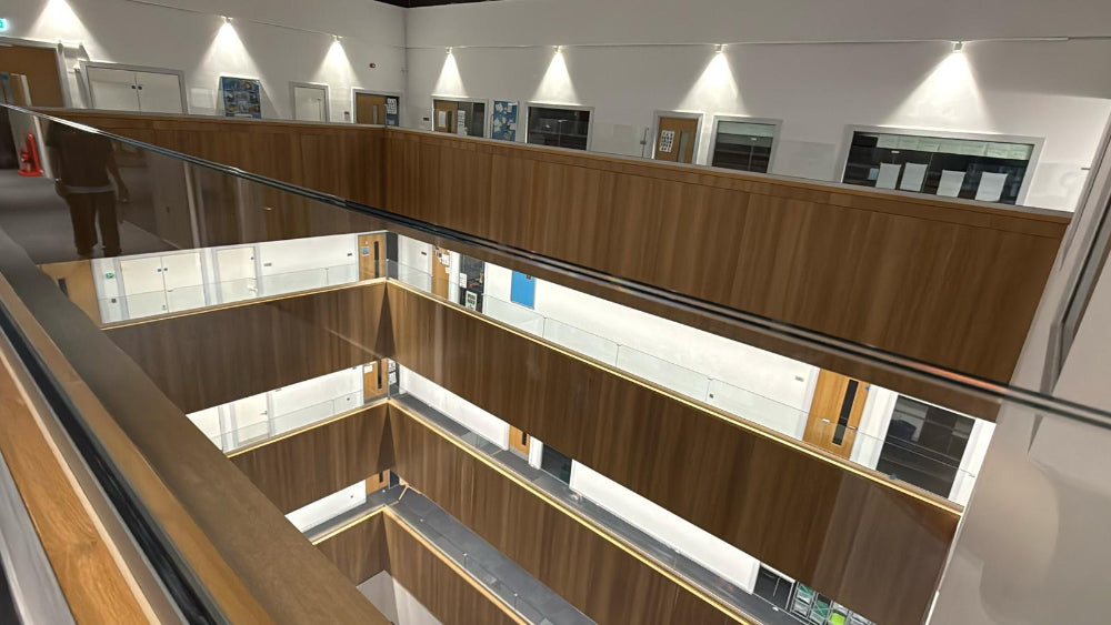 Glass balustrades overlooking an academy atrium