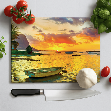 Small Boat Under Sunset Chopping Board and Placemat