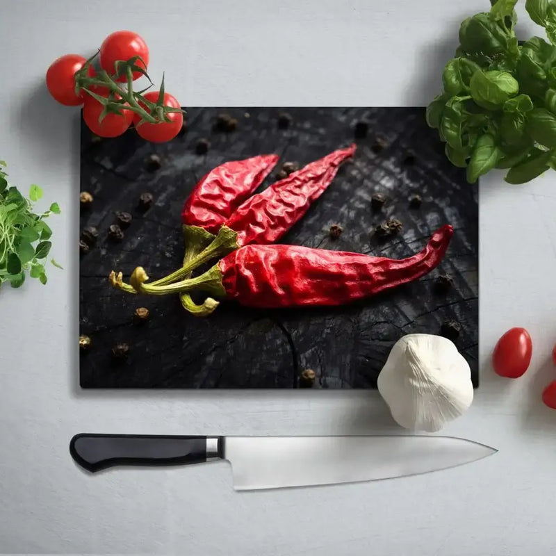Three Red Dry Chillies Glass Chopping Board and Placemat - CreoGlass®