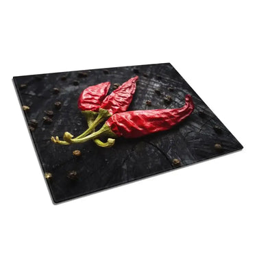 Three Red Dry Chillies Glass Chopping Board and Placemat - CreoGlass®