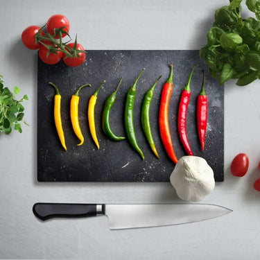 Yellow Green and Red Chilli Glass Chopping Board and Placemat - CreoGlass®
