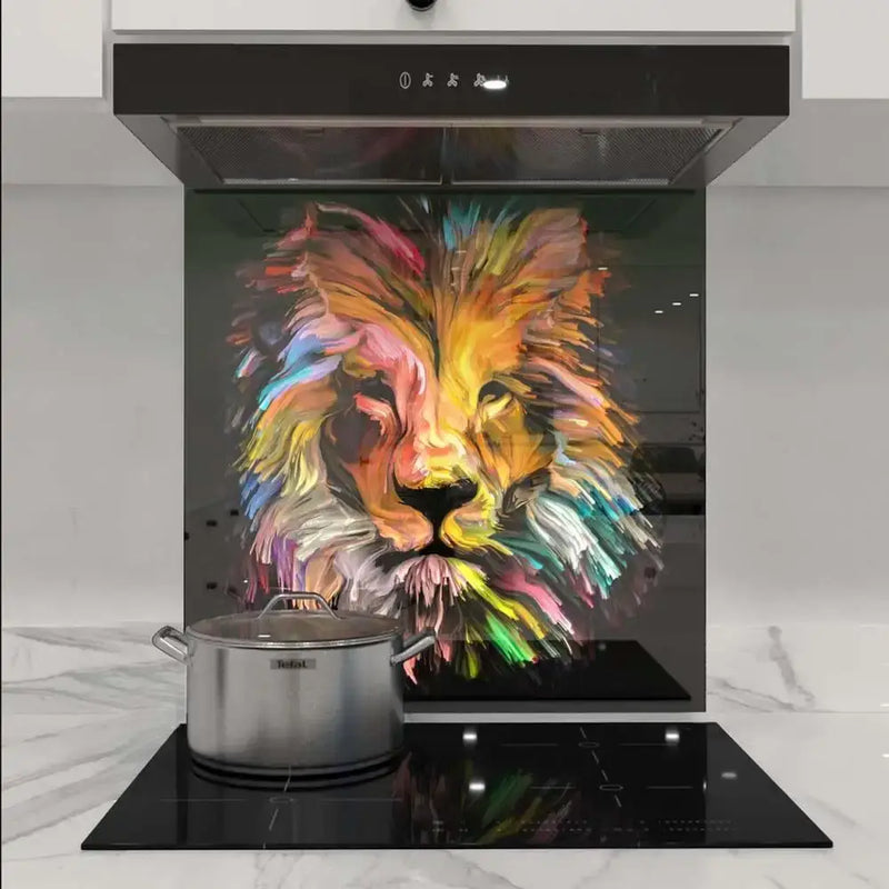 Vibrant lion artwork on custom kitchen glass splashback, modern luxury interior design
