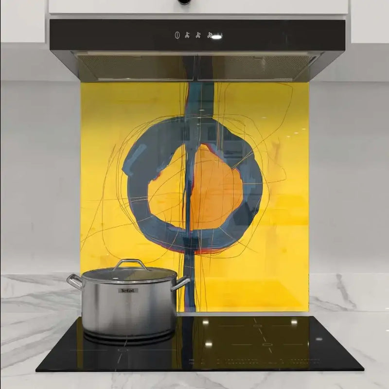 Vibrant yellow and blue abstract glass splashback in modern kitchen with induction hob