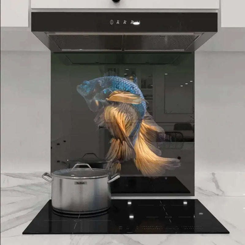 Bespoke decorative glass splashback with vibrant fish design in modern kitchen
