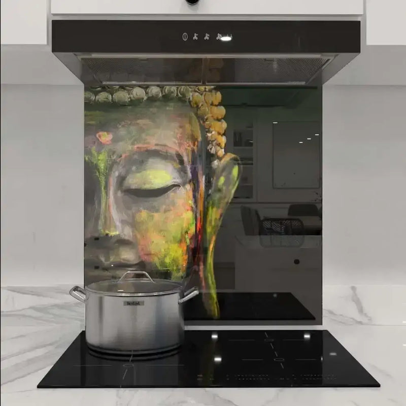 Bespoke decorative glass splashback with Buddha artwork in modern kitchen, featuring LED backlighting and sleek design
