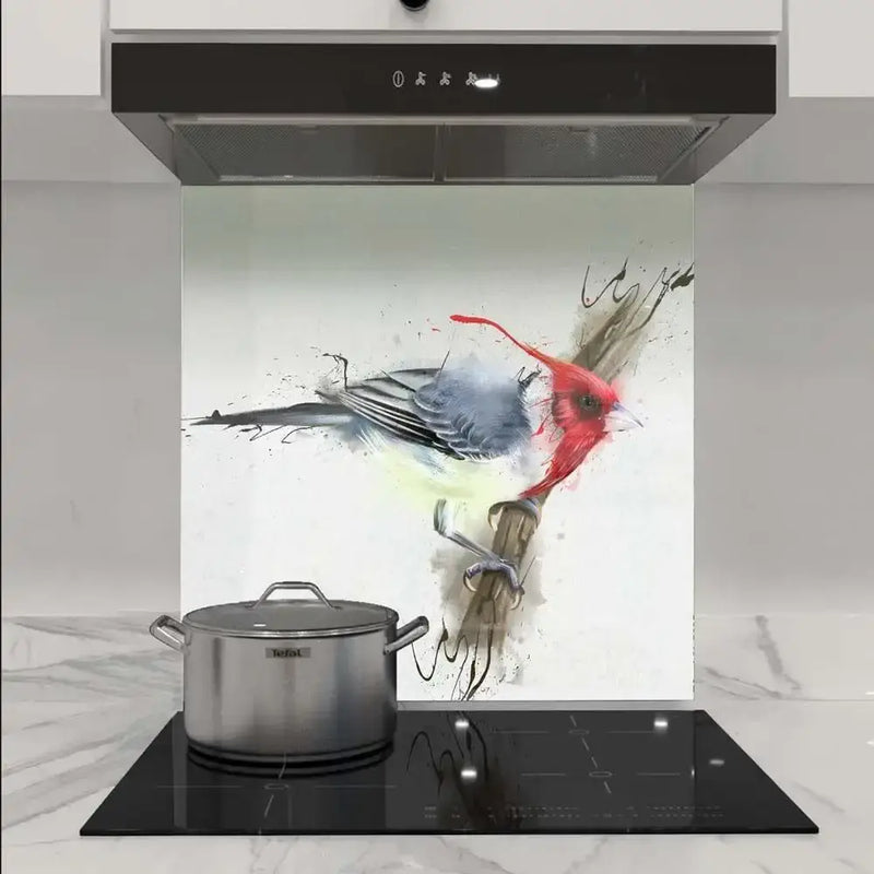 Bespoke glass kitchen splashback with red bird artwork, modern luxury decor