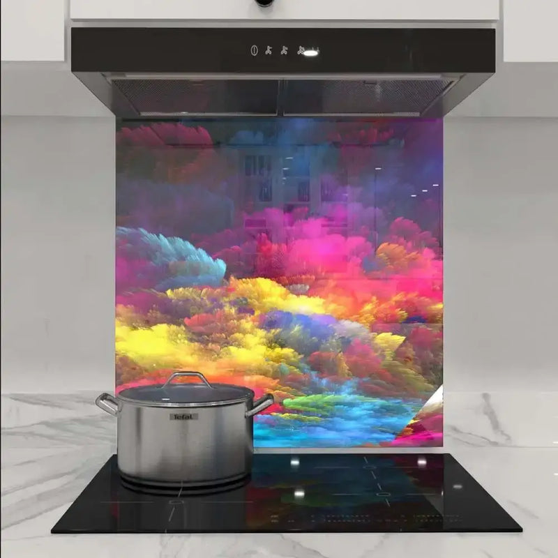 Vibrant abstract glass splashback in modern kitchen with induction hob and stainless steel pot