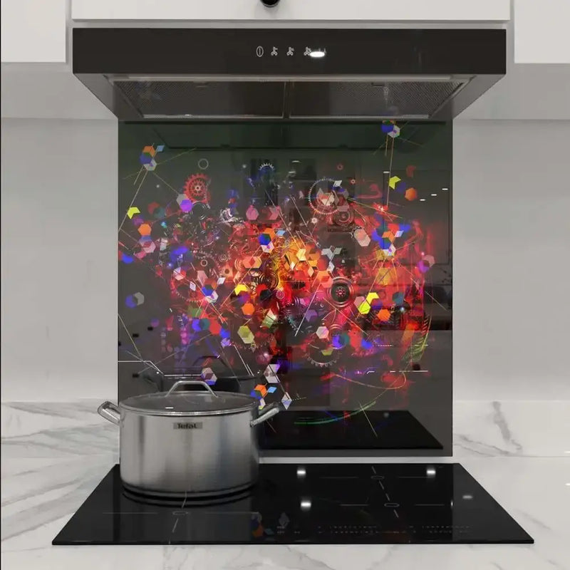 Vibrant abstract glass splashback with geometric patterns in modern kitchen, featuring LED-lit decorative glass design