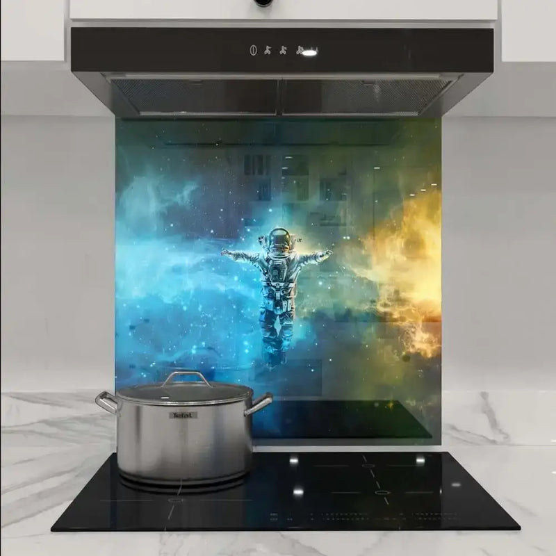 Bespoke kitchen glass splashback with astronaut in space design, modern luxury decor