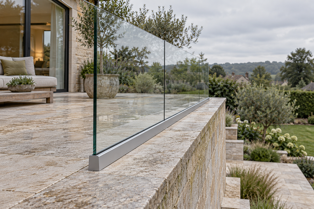 Illustration of glass in a continuous base channel on a garden terrace