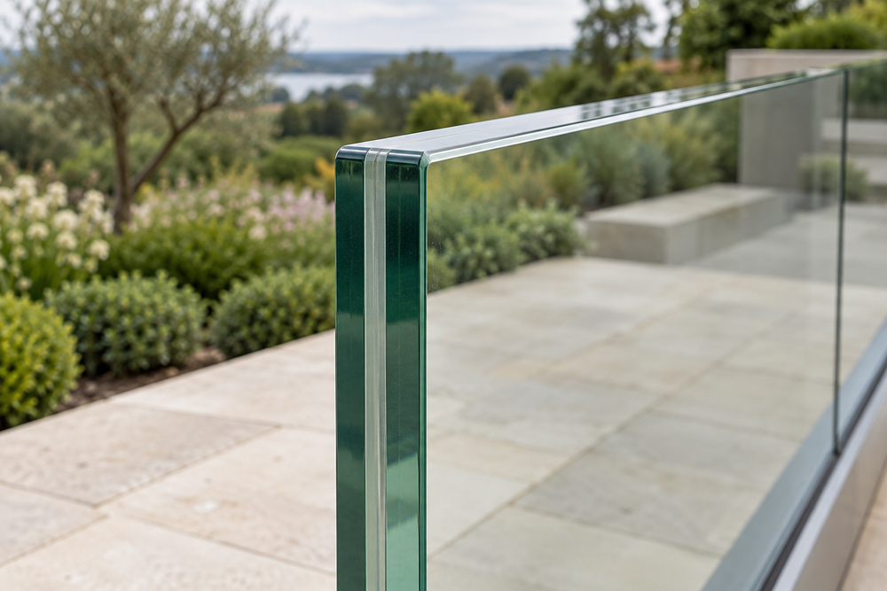 Illustration of a laminated glass edge in a terrace setting