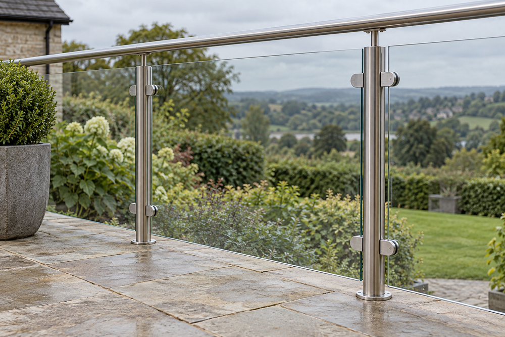 Illustration of glass panels between posts with a continuous handrail