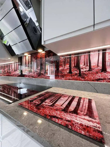 Pink Forest Printed Landscape Glass Kitchen Splashback - Bespoke - CreoGlass®