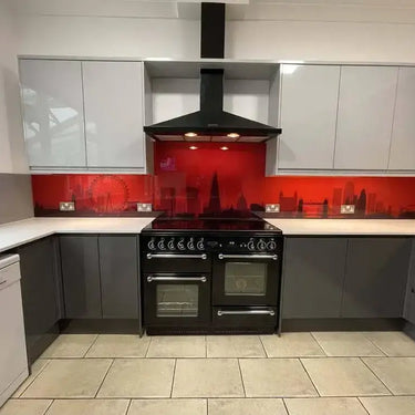 Red London Skyline Printed Landscape Glass Kitchen Splashback - Bespoke - CreoGlass®
