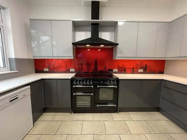 Red London Skyline Printed Landscape Glass Kitchen Splashback - Bespoke - CreoGlass®