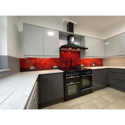 Red London Skyline Printed Landscape Glass Kitchen Splashback - Bespoke - CreoGlass®