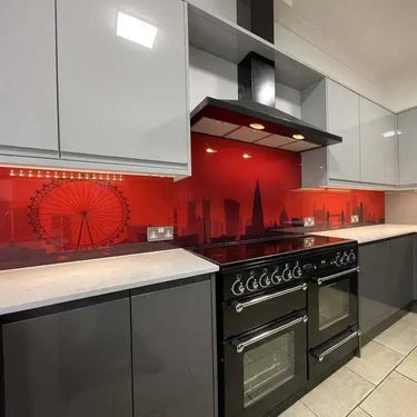 Red London Skyline Printed Landscape Glass Kitchen Splashback - Bespoke - CreoGlass®