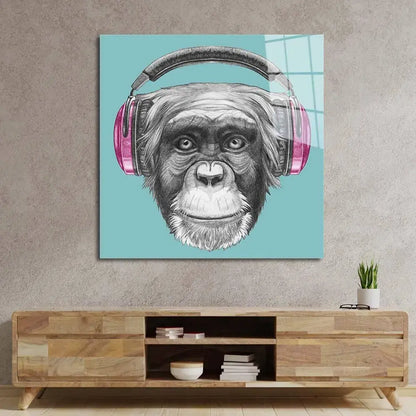 Monkey with Headphones Illustration Glass Wall Art - DIY - CreoGlass®
