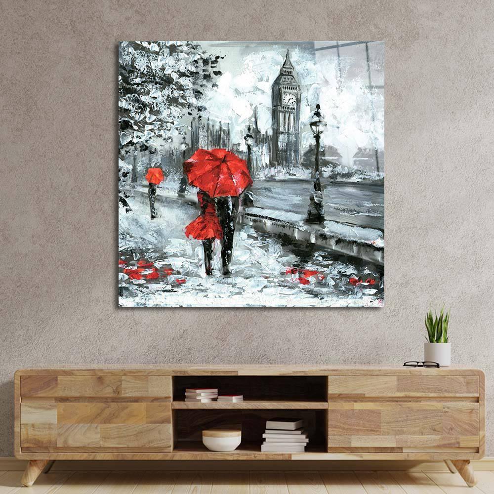 Red Umbrellas in London Glass Wall Art - DIY - CreoGlass®