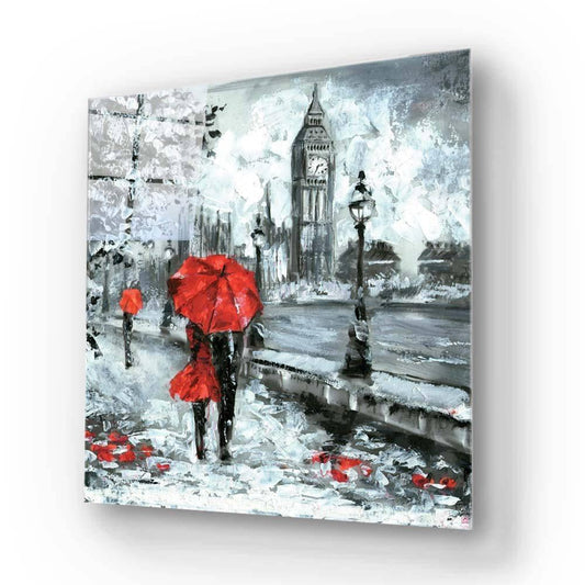 Red Umbrellas in London Glass Wall Art - DIY - CreoGlass®