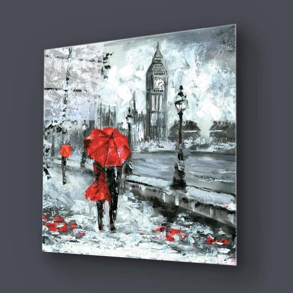 Red Umbrellas in London Glass Wall Art - DIY - CreoGlass®