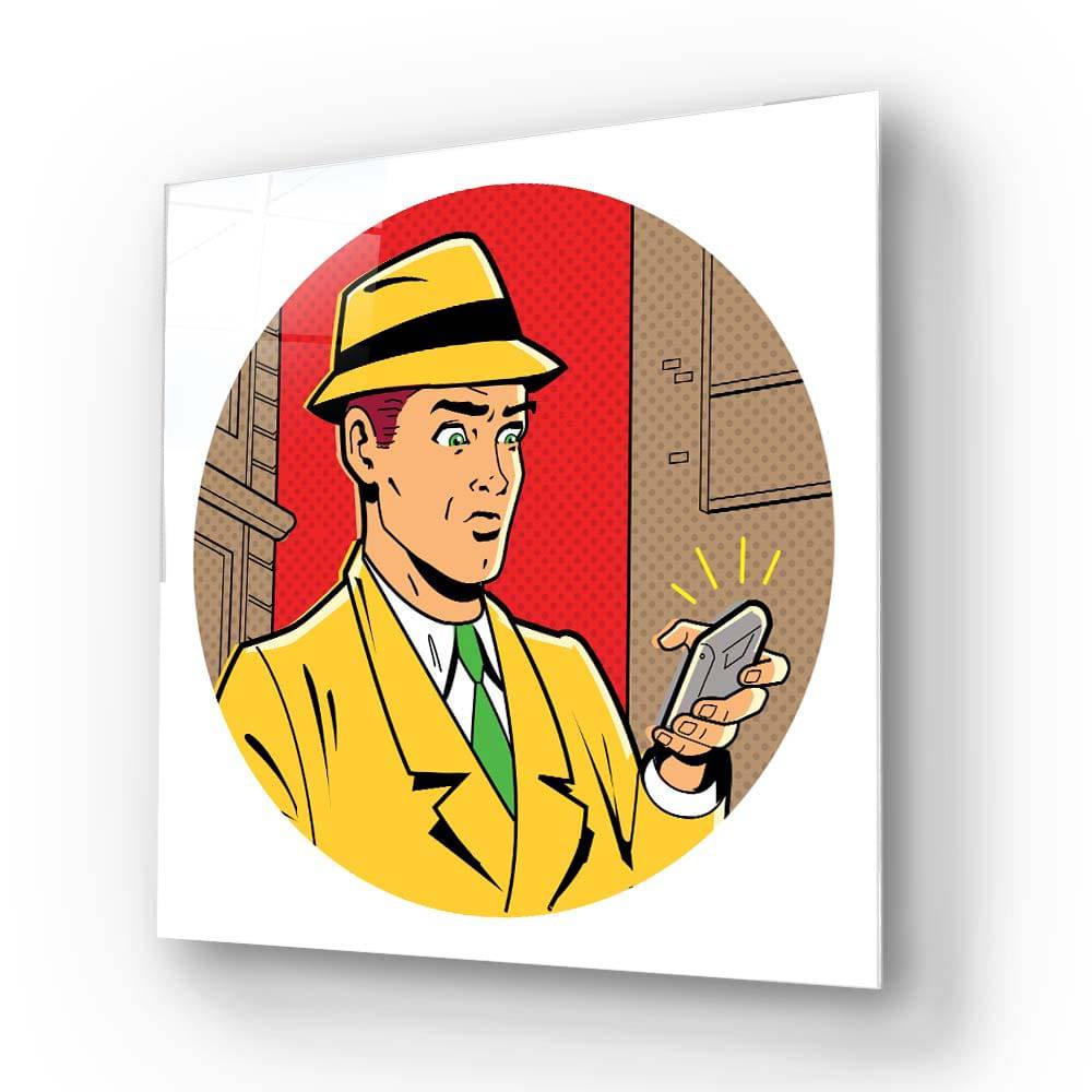 Pop art detective in yellow suit holding phone, comic-style wall art print